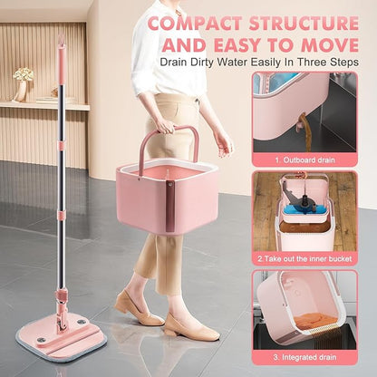 Spin Mop and Bucket System Kit, Self-Separating Cleaning Soil, Foldable Square Mop Bucket Head with Washable Interchangeable Mop Pads, Pink (Mop Set with 6PC Pads)