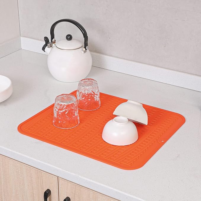 MicoYang Silicone Dish Drying Mat for Multiple Usage,Easy clean,Eco-friendly,Heat-resistant Silicone Mat for Kitchen Counter or Sink,Refrigerator or Drawer Liner Orange XL 18 inches x 16 inches