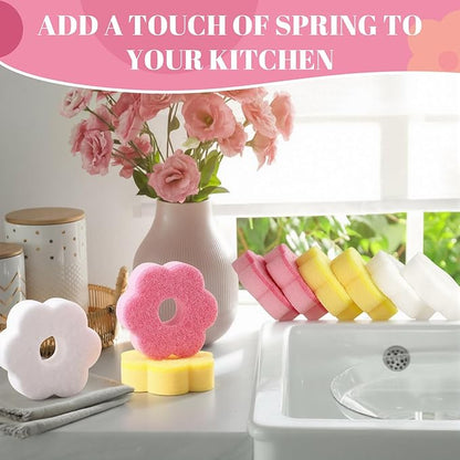 Tioncy 12 Pack Pink Flowers Sponges Bulk Spring Kitchen Decor Dual Sided Scrubber Sponges Dishwashing Kitchen Cleaning Accessories for Household Supplies