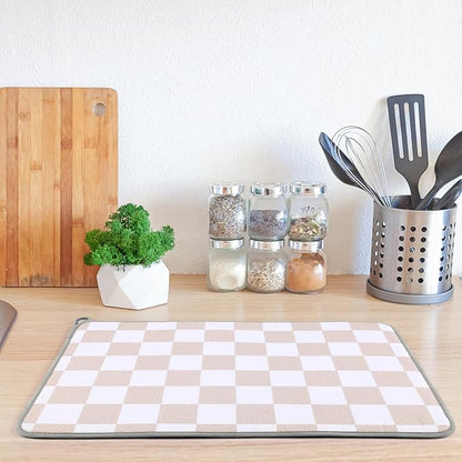 Zonon Checkered Dish Drying Mat for Kitchen Counter 12" x 19" Microfiber Absorbent Dish Drainer Rack Pads Fast Dry Mat Vintage Kitchen Decorations