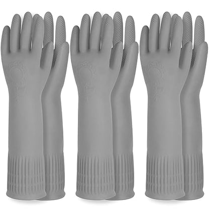 Mamison 2 Pairs Reusable Waterproof Household Dishwashing Cleaning Rubber Gloves, Non-Slip Kitchen Glove (Grey, Large (Pack of 3))