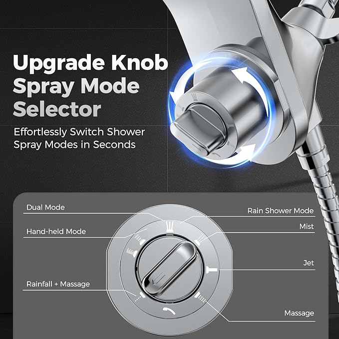 High Pressure Rain Shower Head with Handheld Spray Combo: Detachable Dual Shower Head with 10 Sprays Modes - Upgrade Knob Spray Mode Selector and Magnetic Guidance Docking System