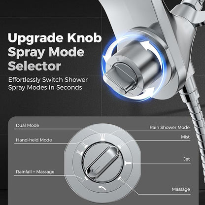 High Pressure Rain Shower Head with Handheld Spray Combo: Detachable Dual Shower Head with 10 Sprays Modes - Upgrade Knob Spray Mode Selector and Magnetic Guidance Docking System