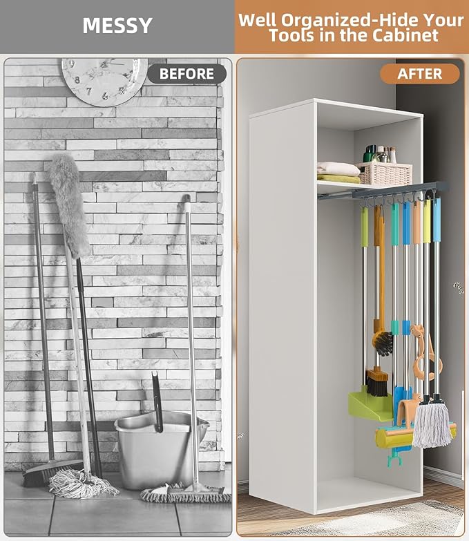 Pull Out Broom Holder, Multifunctional Slide Broom And Mop Storage/Organizer With Adjustable Double Row Sliding Hook, Garage Organization Hooks, for Closet Laundry Garage 46CM - grey - 46cm/18.11inch