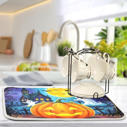 Halloween Pumpkin Ghost Witch Dish Drying Mat for Kitchen Counter Absorbent Microfiber Drying Pad, Medium 16x18 in