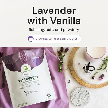 Grab Green Natural 3 in 1 Laundry Detergent Pods, Lavender + Vanilla-with Essential Oils, Organic Enzyme-Powered, Plant & Mineral-Based, White, 34 Oz, 60 Count