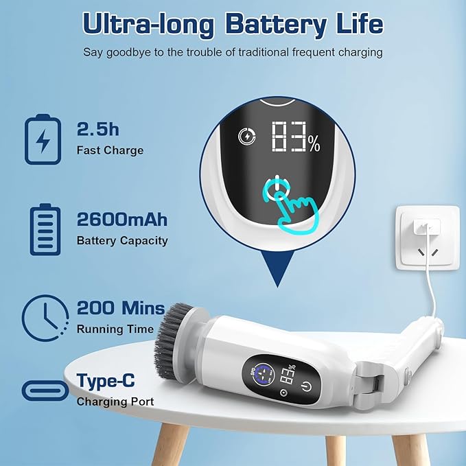 Electric Spin Scrubber, 200Mins Runtime Bathroom Scrubber with 3-Speed & LCD Display, 53IN Extendable Handle, Full-Body IPX7 Shower Scrubber with 8 Heads for Bathtub Kitchen Floor Grout