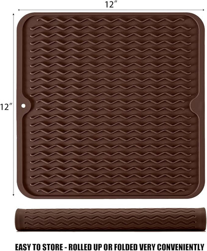 Silicone Dish Drying Mat, Non-Slip Easy Clean Sink Mat Large Heat-resistant Dish Drainer Mat for Kitchen Counter, Sink, Refrigerator or Drawer liner (12" x 12", COFFEE)