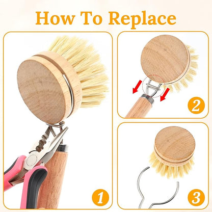 12-Piece Wooden Kitchen Dish Brush Set with One Bamboo Handle & 11 Replacement Heads, Natural Fiber Scrubber for Pots Pans Bottles Vegetables Cleaning
