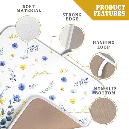 Floral Dish Drying Mat for Kitchen Counter 18x16 Inch Yellow Purple Flower Drying Mat with Absorbent Reversible Microfiber Season Spring Dish Drainer Mats Rack Pad for Coffee Countertop Protector