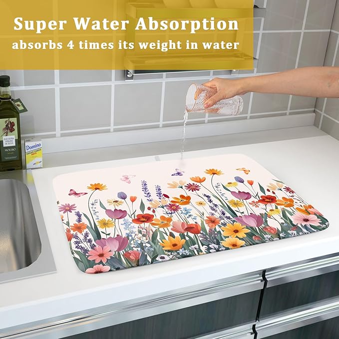 Kawani Spring Summer Flowers Dish Drying Mat for Kitchen Counter 18"x24" Colorful Floral Drying Mat Soft Absorbent Microfiber Farmhouse Fluttering Butterfly Dish Drainer Rack Mats for Counter tops