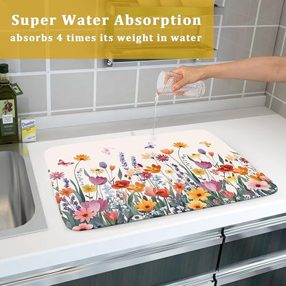 Kawani Spring Summer Flowers Dish Drying Mat for Kitchen Counter 18"x24" Colorful Floral Drying Mat Soft Absorbent Microfiber Farmhouse Fluttering Butterfly Dish Drainer Rack Mats for Counter tops
