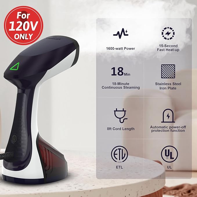 URPOWER 300ml Portable Clothes Steamer 15-Second Heat-Up Handheld Steamer for Clothes 1500W Detachable Tank, Stainless Steel Soleplate, Travel Garment & Fabric Steamers for Home/Office, 120V