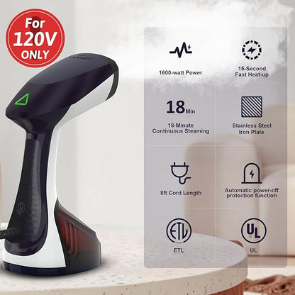 URPOWER 300ml Portable Clothes Steamer 15-Second Heat-Up Handheld Steamer for Clothes 1500W Detachable Tank, Stainless Steel Soleplate, Travel Garment & Fabric Steamers for Home/Office, 120V