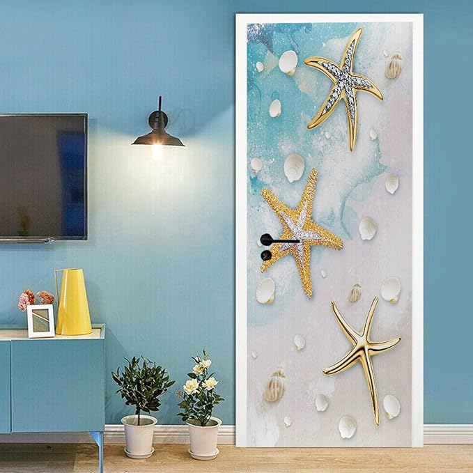A.Monamour 3D Door Stickers for Interior Doors Nautical Pattern with Starfish Shells on Sandy Beach Vinyl Waterproof Self Adhesive Door Mural Decals for Bedroom Office Bathroom 90x200cm