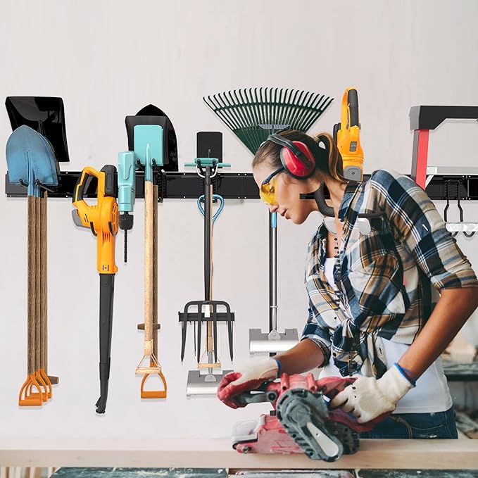 Sttoraboks Garage Tool Storage Rack, Heavy Duty Garage Storage Organizer Rack System Wall Mounted Tool with 12 double hooks, 4 rails Garden Tool Rack
