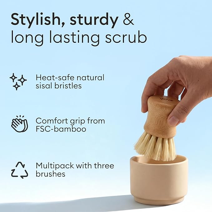 Vove Bamboo Scrub Brush Set, 3 Pack - FSC Certified Bamboo, Plastic-Free Natural Fiber Bristles, Sisal & Union Fibers, Stainless Steel - Kitchen Dish Scrubbing Set, 2 Hard, 1 Medium