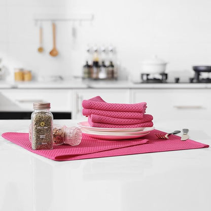 Kitinjoy 100% Cotton Waffle Weave Kitchen Hand Towels (13 X 28 Inches, Hot Pink), 4-Pack Super Soft and Absorbent Dish Towel for Drying Dishes