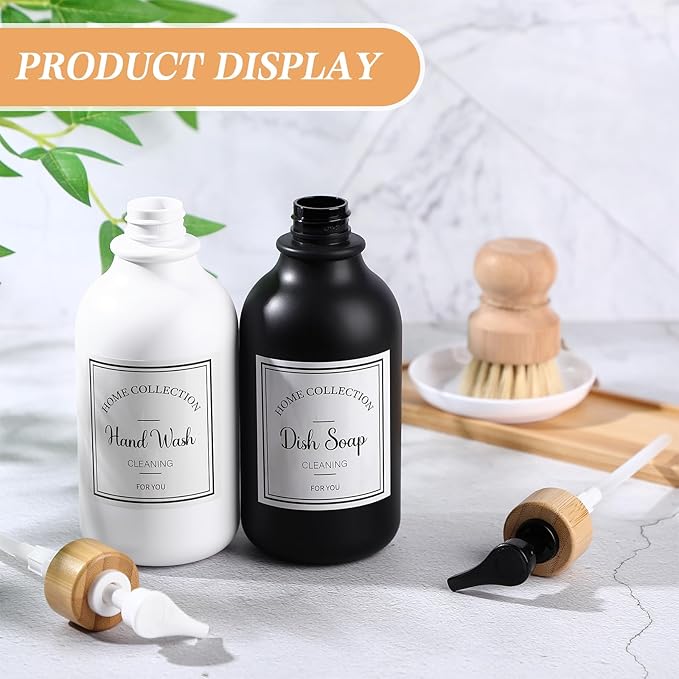 Zopeal 4 Pcs 16 oz Kitchen Soap Dispenser Set with Bamboo Tray and Dish Brush Plastic Soap Dispenser Set with Waterproof Labels for Hand Dish Lotion(Matte Black,White)