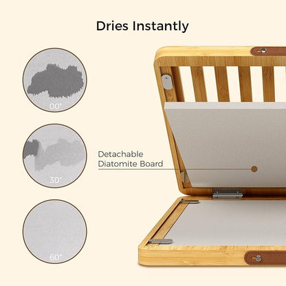 Wealone Stone Dish Drying Mat for Kitchen Counter, Fast Drying Diatomaceous Earth Stone Mat, Bamboo Foldable Case Design Pad Dish Rack, Water Absorbing Instant Dry Sink Rack for Dishes, Cups and More