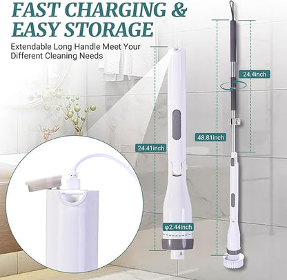 Electric Spin Scrubber, IPX7 Waterproof Shower Cleaning Brush with 8 Replaceable Brush Heads, Extendable Long Handle and 2 Adjustable Speeds Tools White