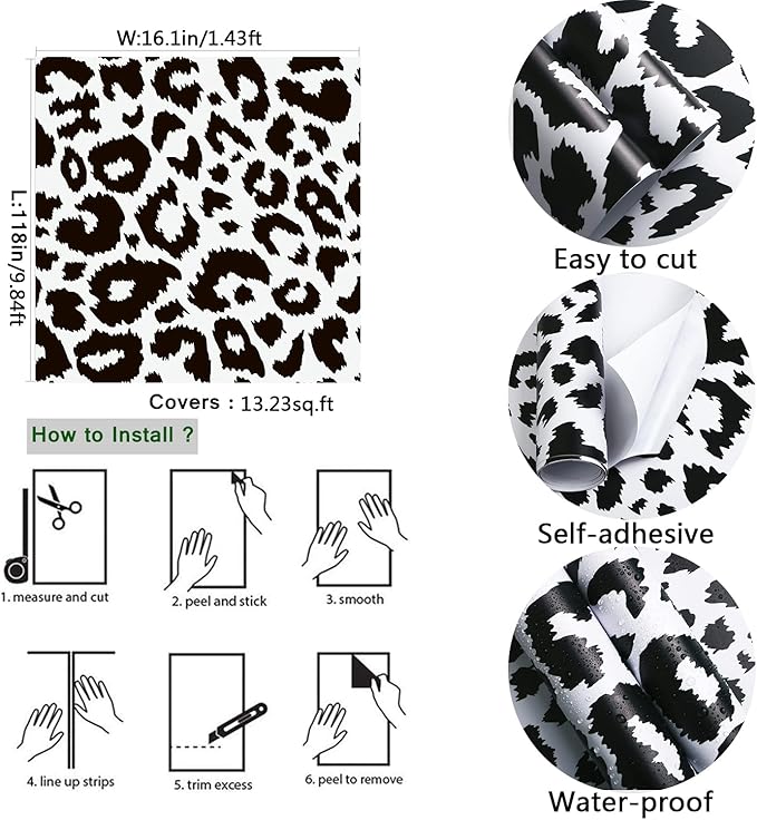 Ismoon Delicate Black and White Peel and Stick Wallpaper 17.3"X118" Leopard Wallpaper Modern White Contact Paper Thickened Removable Self-Adhesive Wall Paper for Home Decoration Vinyl Film Roll