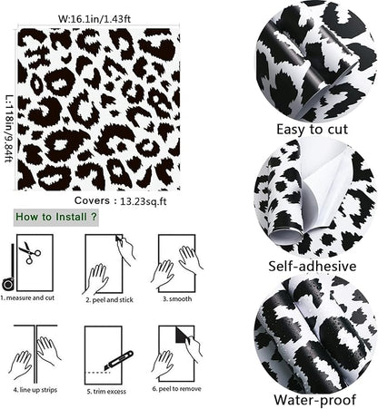 Ismoon Delicate Black and White Peel and Stick Wallpaper 17.3"X118" Leopard Wallpaper Modern White Contact Paper Thickened Removable Self-Adhesive Wall Paper for Home Decoration Vinyl Film Roll