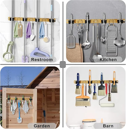 Mop Broom Holder Wall Mount, Gold Stainless Steel Tool Storage Organizer for Kitchen Garden Garage Laundry Room Bathroom and RV with 4 Slots 6 Hooks