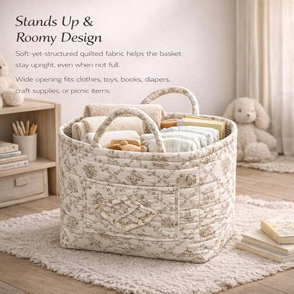 Quilted Laundry Basket with Handles,Boho Quilted Floral Storage Basket with Handles & Pocket,Foldable Cotton Fabric Organizer Tote for Car, Nursery, Laundry, Toys, Picnic, Closet (Green flowers)