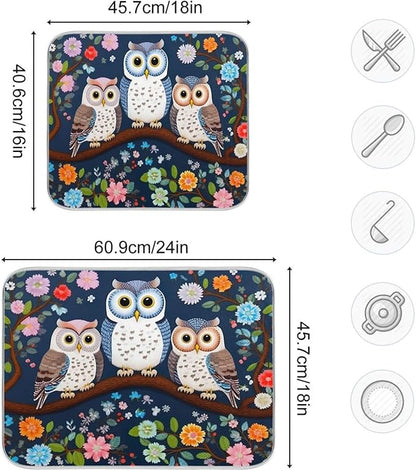 Dish Drying Mat Kitchen Counter Absorbent Three Owls Coffee Sink Mat Dish Drainer Pad 18 Inch x 16 Inch