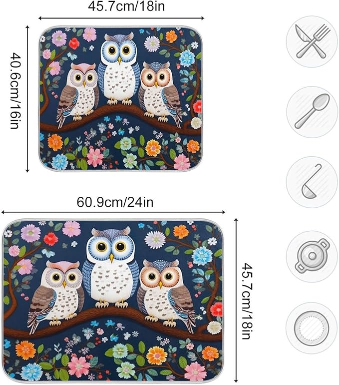 Dish Drying Mat Kitchen Counter Absorbent Three Owls Coffee Sink Mat Dish Drainer Pad 18 Inch x 24 Inch