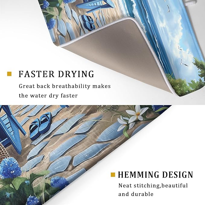 Summer Beach Chairs Dish Drying Mat Sea Wave Blue Floral Drying Mat fo Kitchen Counter 16”x18” Absorbent Reversible Kitchen Mat Non-Slip Ocean Themed Dish Drainer Rack Mat for Countertop Coffee Bar