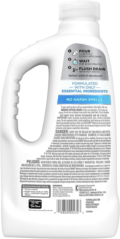 Drano Balance Drain Clog Remover and Cleaner, Non-Corrosive Formula, Safe on All Pipes and Septic Tanks, Formulated Using Only Essential Ingredients, 32 Fl Oz