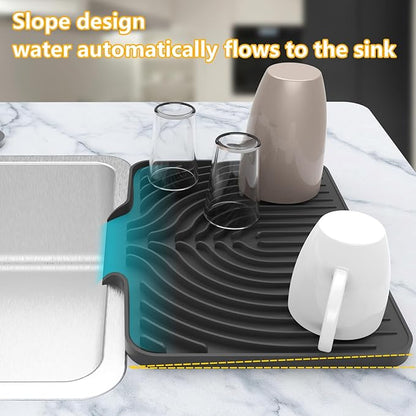 Silicone Drying Mat for Kitchen Counter , Dish Drying Rack Matt with Built in Drain, Small Dry Mats for Dishes Drying Pad for Kitchen Counter (14.6×11inch, black)