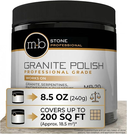 MB-20 Granite Polishing Kit Professional Grade Stone Restoration Bundle Includes 8.5oz Polishing Cream, 2x Hogs Hair Pads, Backing Plate with Drill Adapter & 2x Microfiber Towels