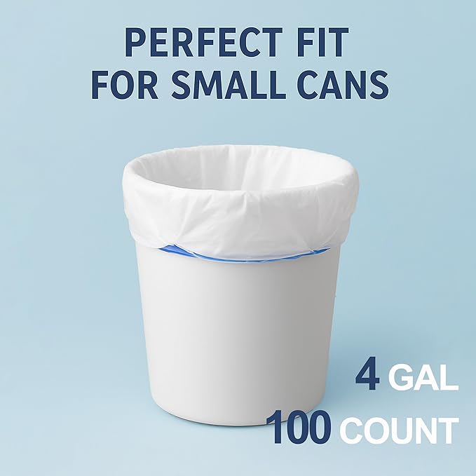 4 Gallon Small Trash Bags with Drawstring & Handles, 100 Pack - White Garbage Bags for Bathroom Office Dorm - Strong Leak-Proof Bin Liners, Individual Bags on Roll, No Tearing