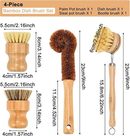 4 Piece Bamboo Dish Brush Set - Bamboo Dish Bottle Brush with Sisal, Dish Scrubber for Kitchen Cleaning Dishes, Pots, Pans
