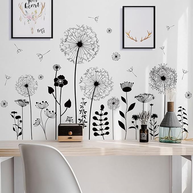 Black Dandelion Wall Decals Peel and Stick - Large Floral Wall Art Stickers with Flying Flowers, Boho Vintage Removable Vinyl Decor for Bedroom Living Room Nursery Bathroom