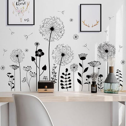 Black Dandelion Wall Decals Peel and Stick - Large Floral Wall Art Stickers with Flying Flowers, Boho Vintage Removable Vinyl Decor for Bedroom Living Room Nursery Bathroom