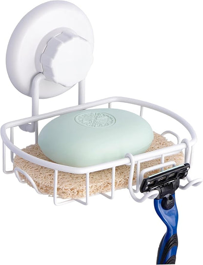 HASKO Suction Cup Soap Dish for Shower Wall, Rustproof Stainless Steel, Shower Soap Holder with Hooks for Bathroom, Includes Optional No Drill Adhesive Mount and Soap Saver, White