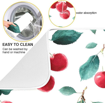 Red Cherry Leaves Dish Drying Mat for Kitchen Counter Absorbent Microfiber Drying Pad, Large 18x24 in