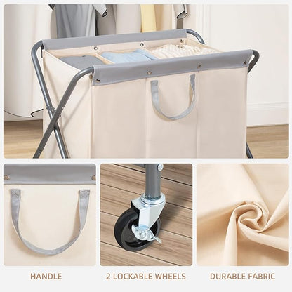 STORAGE MANIAC 160L Collapsible Laundry Hamper with Wheels, Rolling Laundry Basket, Heavy Duty Cloth Sorter with Removable Bag, Folding X Frame Clothes Organizer Cart for Easy to Store, 3 Section