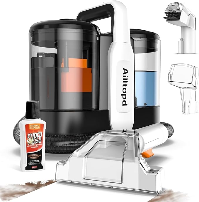 Ailltopd Portable Spot Cleaner Machine for Carpet and Upholstery, 15Kpa Handheld Spot Cleaner & Carpet Extractor for Pet, Car, Stars, Couch, Furniture, with Dual BrushHeads and Carpet Cleaner Solution