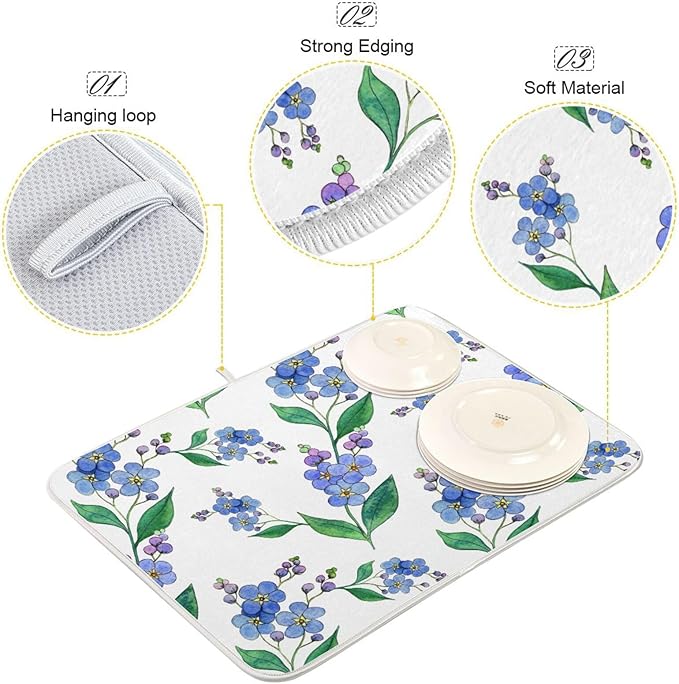 Blue Forget-me-not Flowers Dish Drying Mat for Kitchen Counter 16x18 inch Super Absorbent Drying Mat Large Dish Drying Mats for Kitchen Countertop Protector Dishes Pad