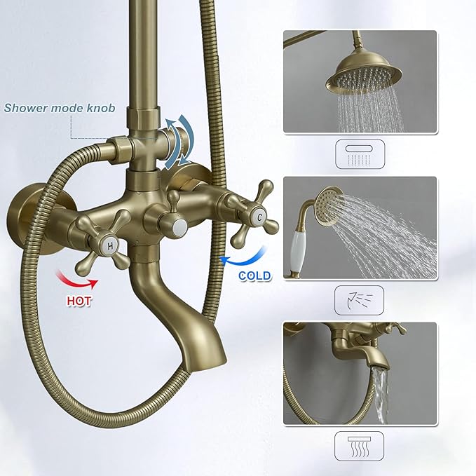 BWE Brushed Gold Triple-Function Shower Fixture Rainfall Shower Set with Adjustable Hand Sprayer and Tub Spout High Pressure Bathroom Shower Fixture Wall Mount Complete Set