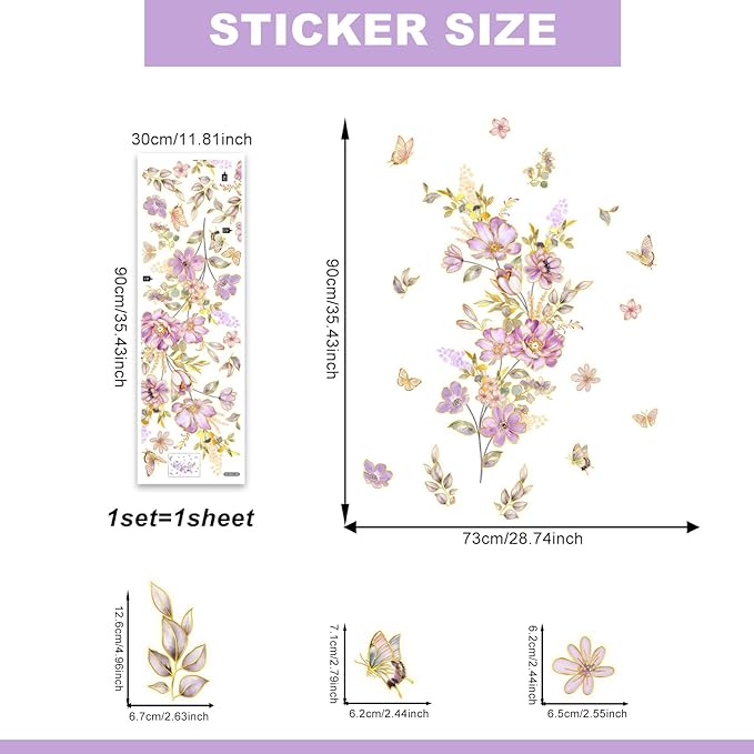 Flower and Butterfly Wall Stickers Purple Flowers with Butterflies Wall Decals Nature Theme Peel and Stick Waterproof Clings for Living Room Bedroom (Purple Flowers)