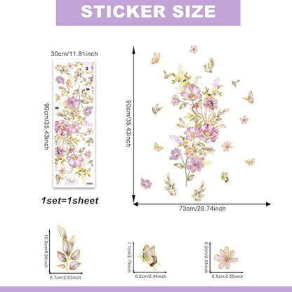 Flower and Butterfly Wall Stickers Purple Flowers with Butterflies Wall Decals Nature Theme Peel and Stick Waterproof Clings for Living Room Bedroom (Purple Flowers)