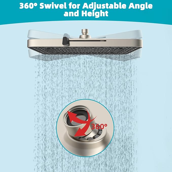 Hibbent cUPC Certified 5 Spray Modes Shower Head, 13'' High Pressure Large Rainfall Shower Head, High Flow Waterfall Bathroom Fixed Showerheads, Adjustable Swivel Ball Joint, Brushed Nickel