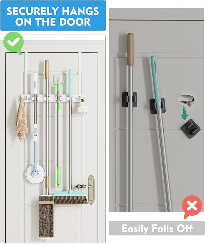 BS-VOG Over the Door Broom Holder, Mop and Broom Holder Door Mount, Hanging Organizer with 4 Racks & 2 Hooks, Wooden Hanger Storage Decor, Laundry Tool Organizer for Closet Garage, No Drills
