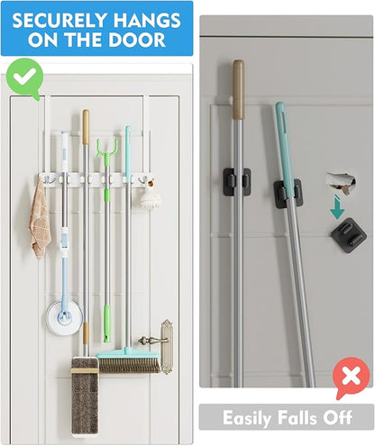 BS-VOG Over the Door Broom Holder, Mop and Broom Holder Door Mount, Hanging Organizer with 4 Racks & 2 Hooks, Wooden Hanger Storage Decor, Laundry Tool Organizer for Closet Garage, No Drills